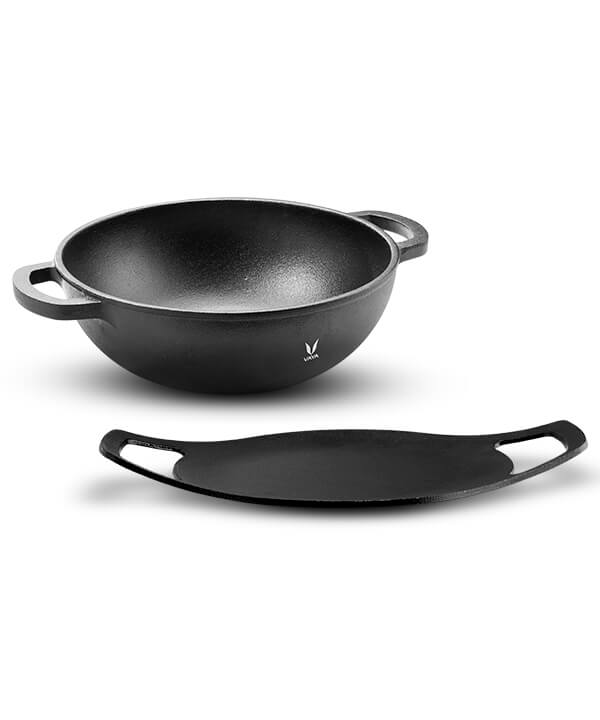 Pre-Seasoned Cast Iron Cookware Set - Kadai - 24cm + Concave Tawa - 23.5cm